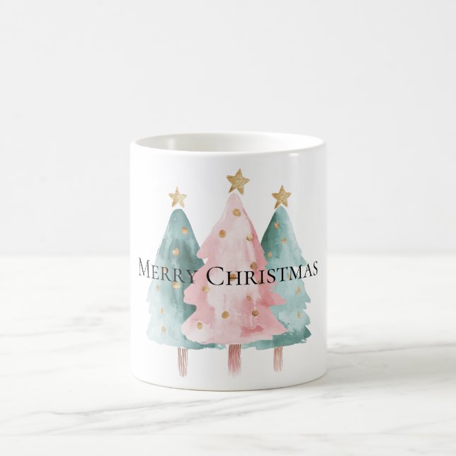 Pink Green Christmas Trees Gold Stars Coffee Mug (Center)