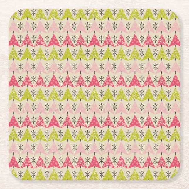 Pink & green Christmas trees Square Paper Coaster (Front)