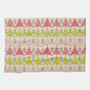 Pink & green Christmas trees. Tea Towel