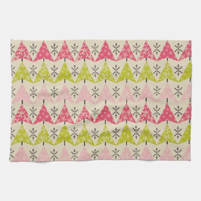 Pink & green Christmas trees. Tea Towel (Horizontal)