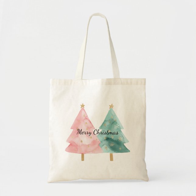 Pink Green Christmas Trees Tote Bag (Front)