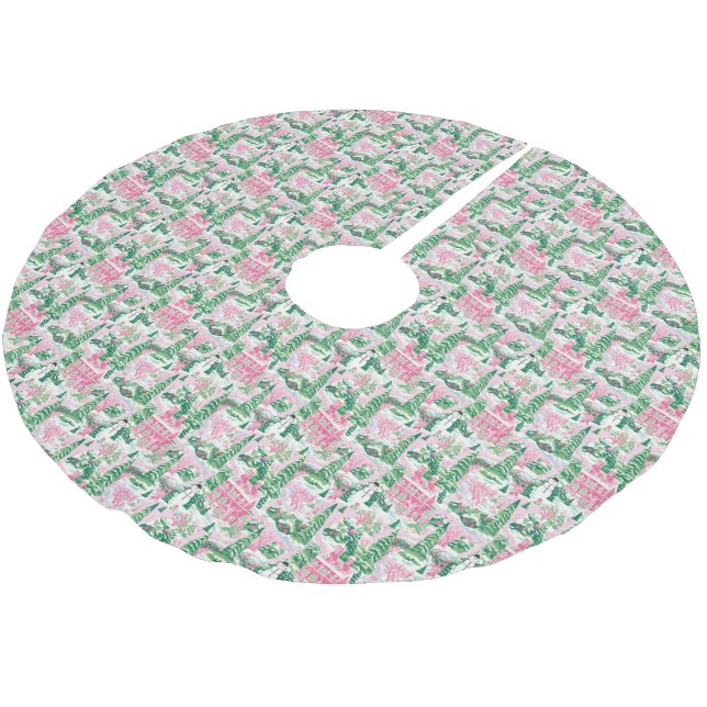 Pink Green Christmas Village Holiday Brushed Polyester Tree Skirt (Angled)