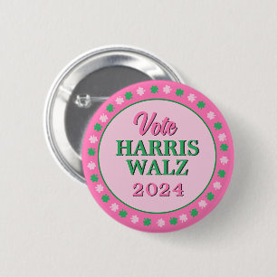 Pink Green Clover 2024 Vote Harris Walz 6 Cm Round Badge
