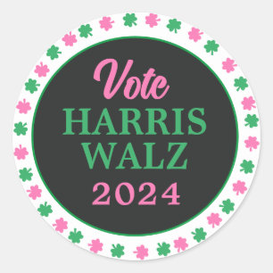 Pink Green Clover 2024 Vote Harris Walz Classic Round Sticker