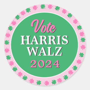 Pink Green Clover 2024 Vote Harris Walz Classic Round Sticker