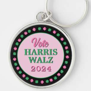 Pink Green Clover 2024 Vote Harris Walz Key Ring