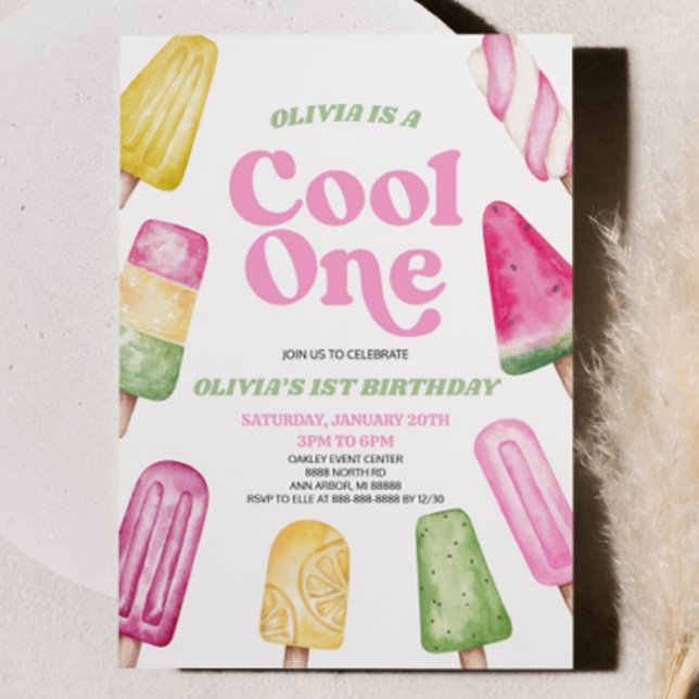 Pink Green Cool One Popsicle 1st Birthday Party Invitation (Creator Uploaded)