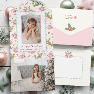 Pink/Green Coquette Bow Photo Scalloped Christmas All In One Invitation