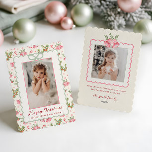Pink/Green Coquette Bow Photo Scalloped Christmas Holiday Card
