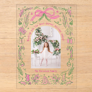 Pink Green Coquette Christmas Family Photo Doodles Acrylic Invitations