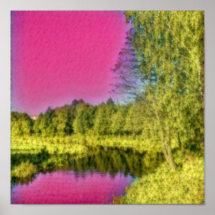 Pink Green Countryside Landscape Poster