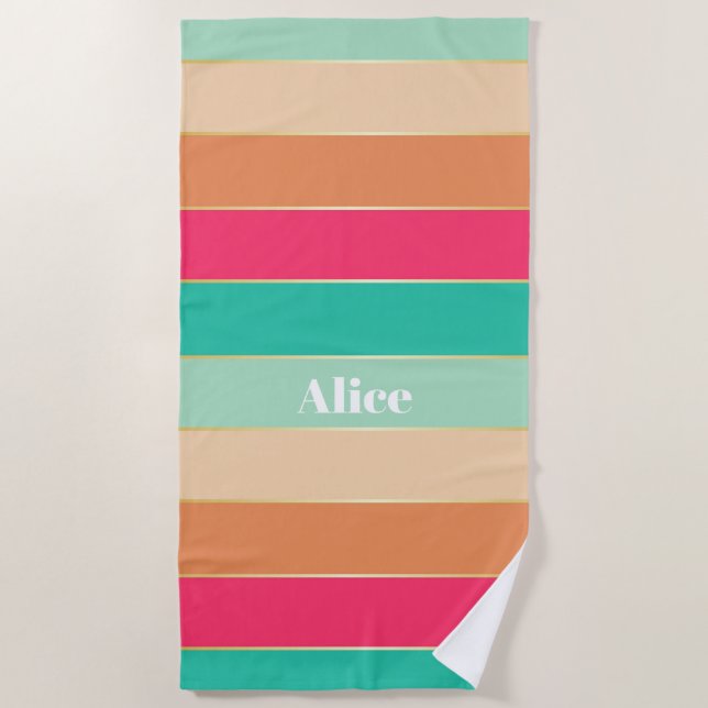 Pink Green Custom Summer Colour Block Stripes Beach Towel (Front)