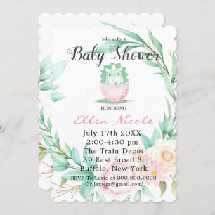 Pink Green Cute Dinosaur Peony Baby Shower Invites