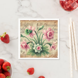Pink & Green Daffodils Vintage Music Découpage Napkin
