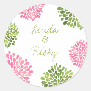 Pink & Green Dahlia Wedding Round Sticker Seal