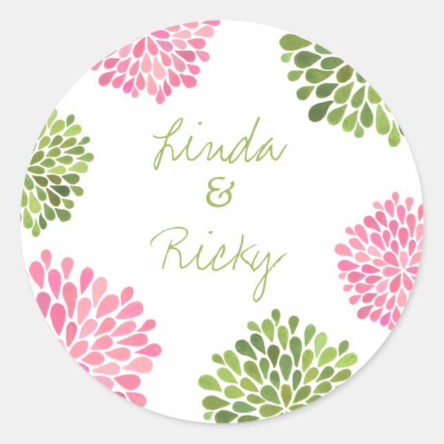 Pink & Green Dahlia Wedding Round Sticker Seal (Front)