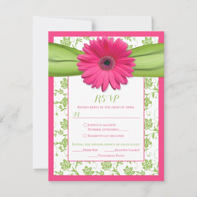 Pink Green Daisy Damask Wedding Meal Choice RSVP (Front)