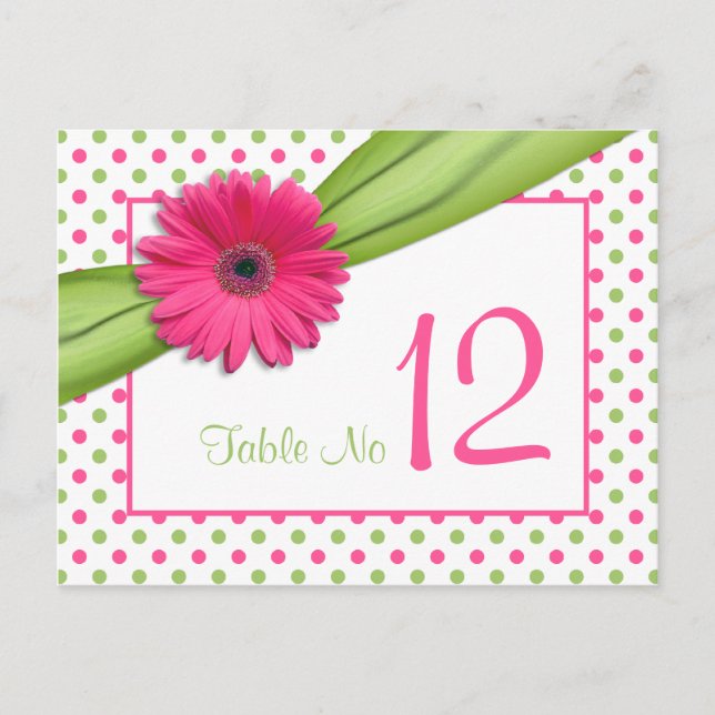Pink Green Daisy Polka Dots Wedding Table Card (Front)