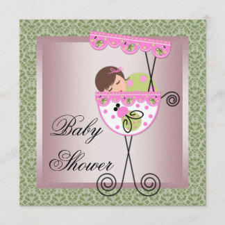 Pink Green Damask Baby Girl Shower Invitations