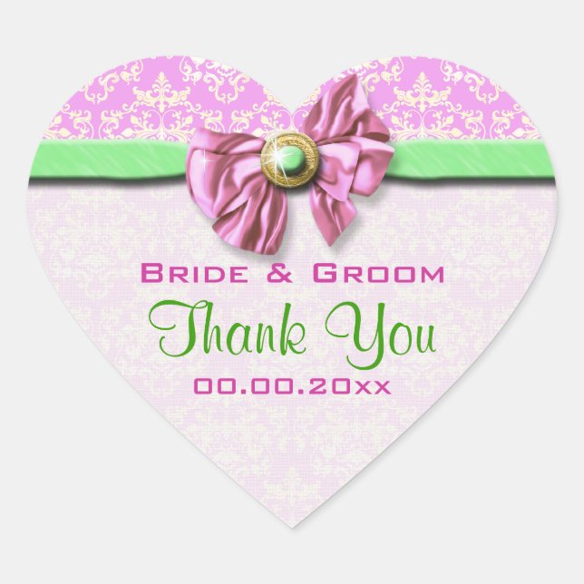 Pink green damask elegant heart sticker (Front)