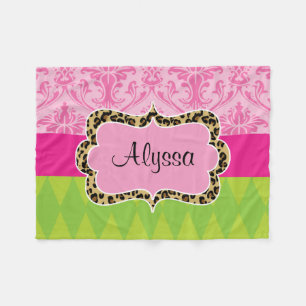 Pink Green Damask Leopard Throw Blanket