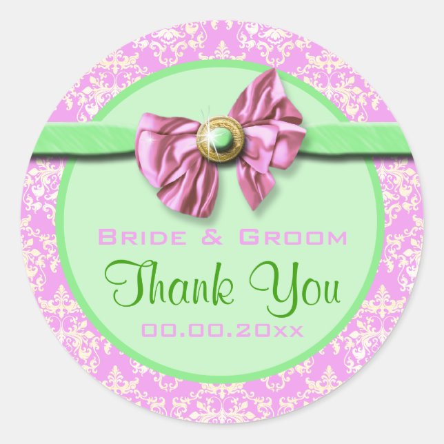 Pink green damask wedding elegant classic round sticker (Front)