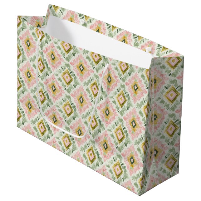Pink Green Diamond Pattern Birthday Large Gift Bag (Front Angled)