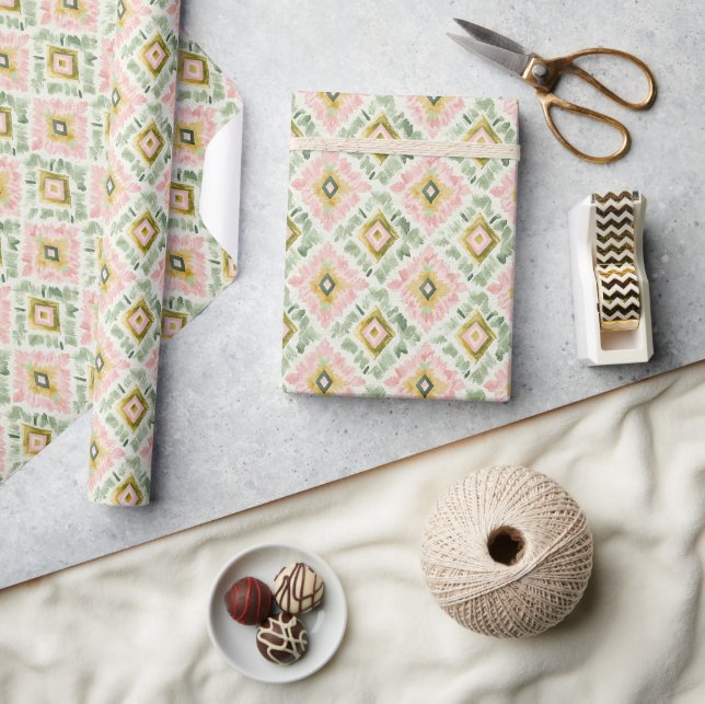 Pink Green Diamond Pattern Birthday Wrapping Paper (Crafts)