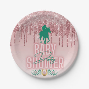 Pink Green Elegant Glitter Drip Derby Baby Shower Paper Plate