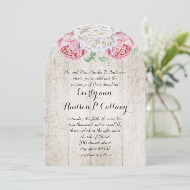 Pink & Green Farmhouse Wood Wedding Invitation (Standing Front)