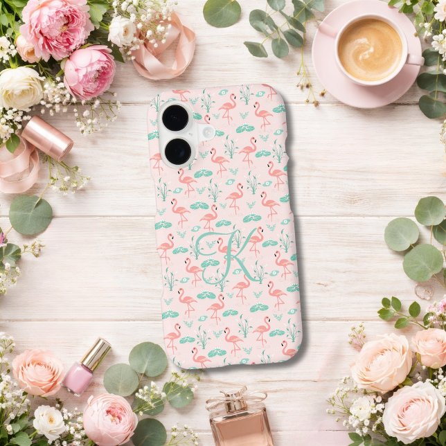 Pink Green Flamingo Monogram Tropical Birds (Pink green flamingo tropical birds monogrammed initial iPhone case.  Available in all current sizes)