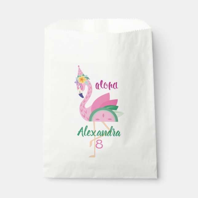 Pink Green Flamingo & Watermelon Tropical Birthday Favour Bags (Front)