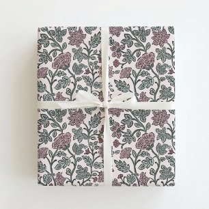 Pink Green Floral Block Print Wrapping Paper