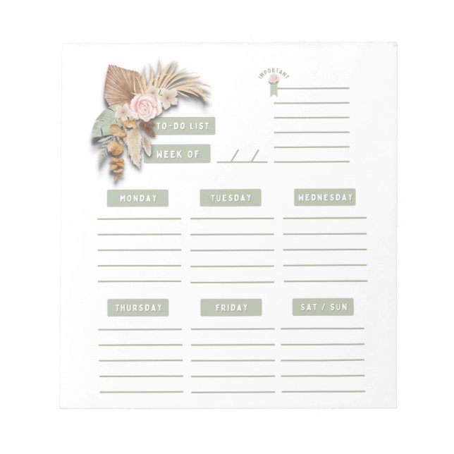 Pink Green Floral Boho Weekly Planner Organiser  Notepad (Front)