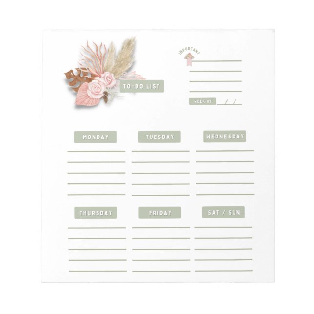 Pink Green Floral Boho Weekly Planner Organizer  Notepad (Front)