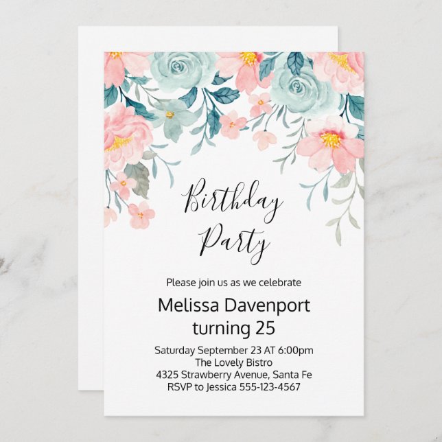 Pink & Green Floral Border Birthday Invitation (Front/Back)