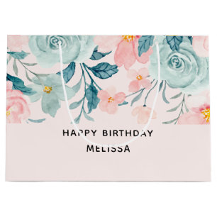 Pink & Green Floral Border Birthday Large Gift Bag