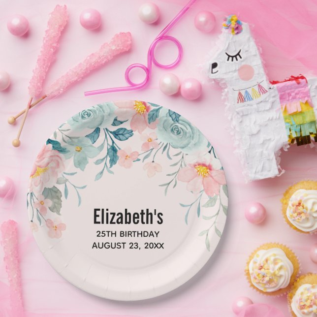 Pink & Green Floral Border Birthday Paper Plate (Party)