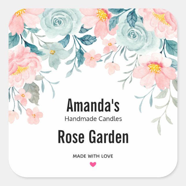 Pink & Green Floral Border Candle Square Sticker (Front)