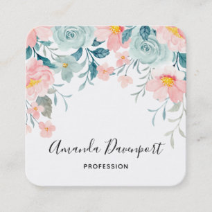 Pink & Green Floral Border Elegant Square Business Card