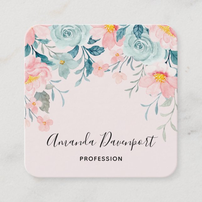 Pink & Green Floral Border Elegant Square Business Card (Front)