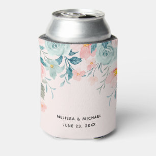 Pink & Green Floral Border Elegant Wedding Can Cooler