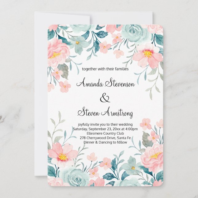 Pink & Green Floral Border Elegant Wedding Invitation (Front)