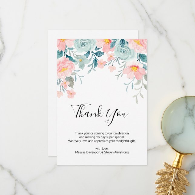 Pink & Green Floral Border Elegant Wedding Thank You Card (Front/Back In Situ)