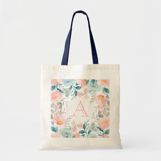 Pink & Green Floral Border Monogram Tote Bag (Front)