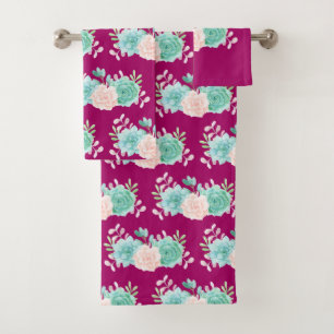 Pink & Green Floral Bouquet on Magenta Pattern Bath Towel Set