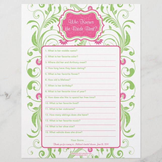 Pink Green Floral Bride Best Bridal Shower Game (Front)