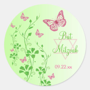 Pink, Green Floral Butterflies Bat Mitzvah Sticker