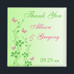 Pink, Green Floral Butterfly Wedding Favour Magnet<br><div class="desc">This pink and green floral thank you wedding favour magnet has pink and green SIMULATED glitter butterflies and flowers on it that matches the wedding invitation shown below. If there are any other matching items you require,  please email your request to niteowlstudio@gmail.com.</div>