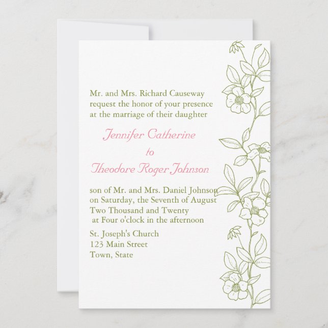 Pink Green Floral Custom Wedding Invitations (Front)